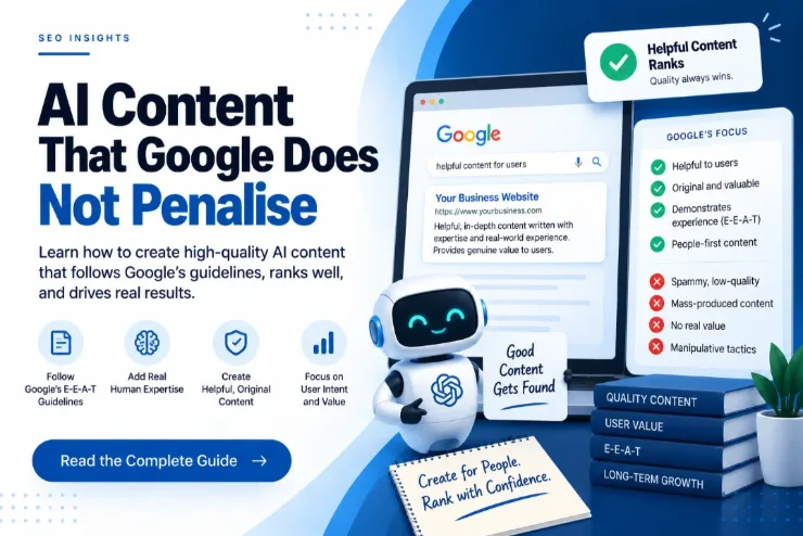 Guide cover showing Google favouring helpful, original, experience-backed content and rejecting spammy, mass-produced pages with no real value