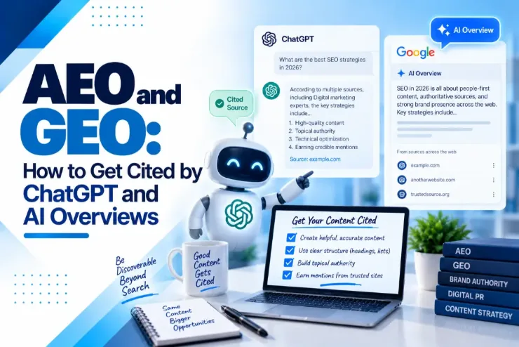 AEO and GEO guide cover showing a ChatGPT answer citing a source and a Google AI Overview listing cited websites, with a checklist to create helpful accurate content, use clear structure, build topical authority and earn mentions from trusted sites