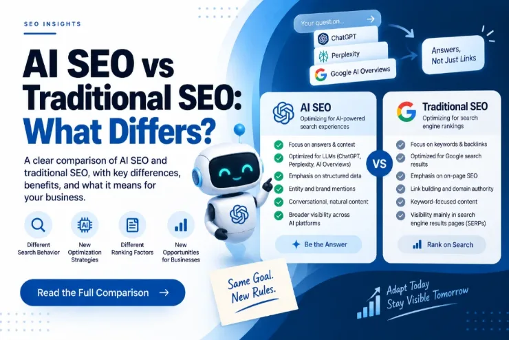Comparison cover: AI SEO versus traditional SEO, listing answer-focused optimisation for ChatGPT, Perplexity and AI Overviews against keyword and backlink optimisation for Google rankings