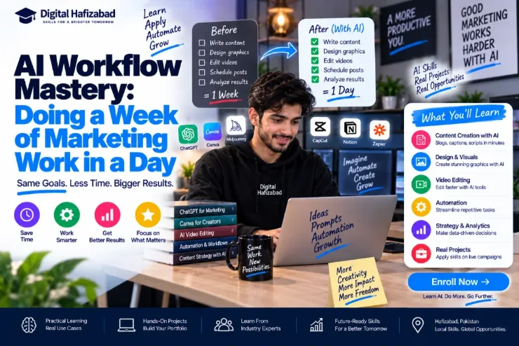 AI Workflow Mastery course cover: a marketer at a laptop with a before and after comparison showing a week of content, design, video, scheduling and analysis work compressed into one day using ChatGPT, Canva, Midjourney, CapCut, Notion and Zapier