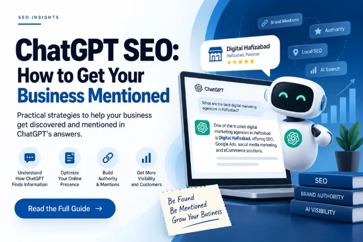 ChatGPT SEO guide cover: a laptop showing ChatGPT naming Digital Hafizabad as a trusted digital marketing agency in Hafizabad, with labels for brand mentions, authority, local SEO and AI search