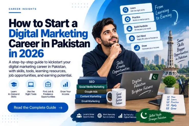 Career guide cover showing the path from learning skills to practising, building a portfolio, getting hired and growing income, with SEO, social media, Google Ads, content and email marketing