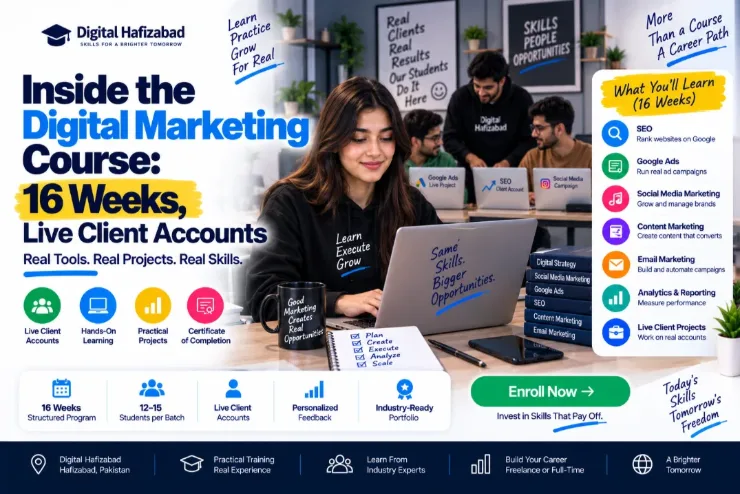 Digital marketing course cover: students working on live client accounts in a classroom, with a 16-week curriculum covering SEO, Google Ads, social media, content marketing, email marketing, analytics and live client projects