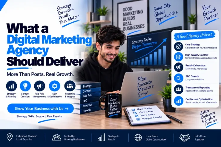 Digital marketing agency guide cover listing what a good agency delivers: clear strategy, high-quality content, result-driven ads, SEO growth, transparent reporting and continuous optimisation