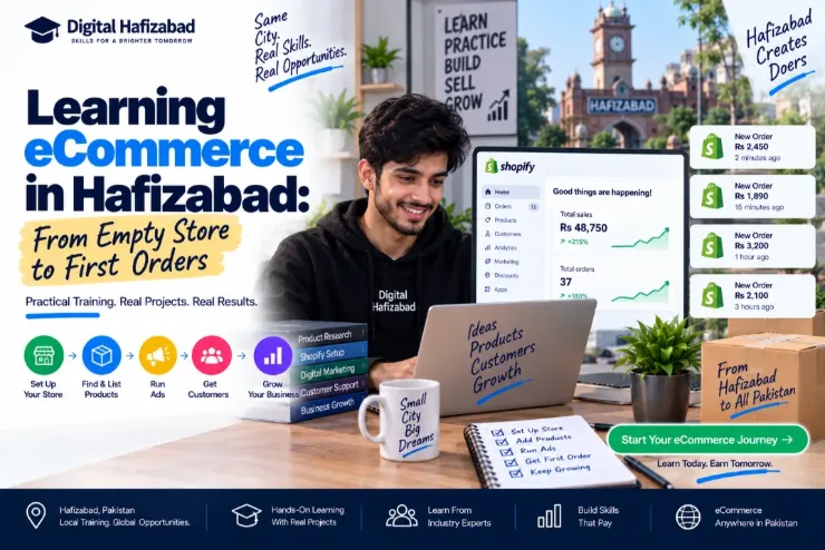 eCommerce course cover: a student at a Shopify dashboard showing new orders and total sales in rupees, with the steps set up your store, find and list products, run ads, get customers and grow your business