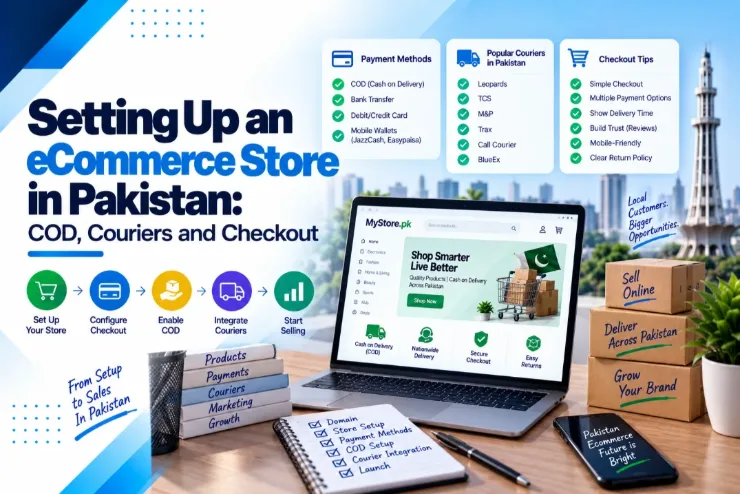 eCommerce store setup guide for Pakistan: a Shopify-style storefront on a laptop with panels listing payment methods including cash on delivery, JazzCash and Easypaisa, popular couriers Leopards, TCS, M&P, Trax and BlueEx, and checkout tips