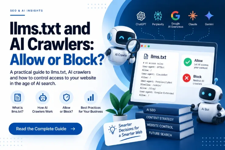 Guide cover showing an llms.txt file with allow and disallow rules for GPTBot, ClaudeBot, PerplexityBot and Google-Extended, beside allow and block indicators