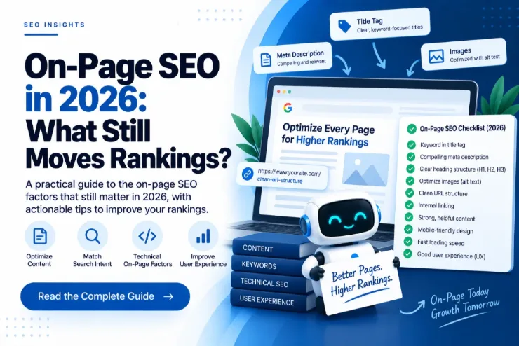 On-page SEO cover showing a 2026 checklist: keyword in title tag, meta description, heading structure, image alt text, clean URLs, internal linking, page speed and user experience