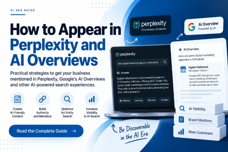 Guide cover showing a Perplexity answer and a Google AI Overview both citing Digital Hafizabad as a digital marketing agency in Hafizabad, Pakistan