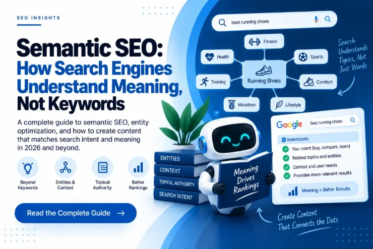 Semantic SEO cover showing a search for best running shoes mapped to related entities including fitness, health, sports, training, comfort and marathon