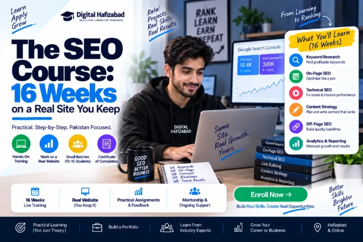 SEO course cover: a student working on a real website with Google Search Console showing rising clicks and impressions, and a 16-week curriculum covering keyword research, on-page SEO, technical SEO, content strategy, off-page link building and analytics
