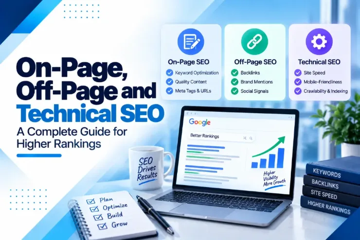 SEO guide cover comparing on-page SEO (keyword optimisation, quality content, meta tags and URLs), off-page SEO (backlinks, brand mentions, social signals) and technical SEO (site speed, mobile-friendliness, crawlability and indexing)