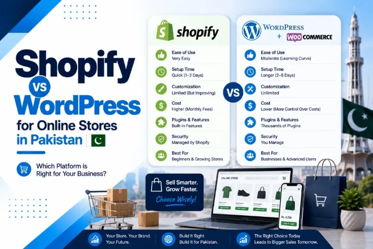 Shopify versus WordPress with WooCommerce compared for Pakistani online stores: ease of use, setup time, customisation, cost, plugins, security and who each platform suits best