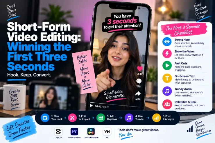 Short-form video editing guide cover: a creator on a phone screen with three seconds to get attention, beside a first-three-seconds checklist covering strong hook, showing value, fast cuts, on-screen text, trendy audio and staying authentic, with CapCut, Premiere Pro, DaVinci Resolve and VN