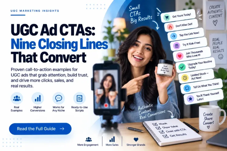 UGC ad CTA cover showing a creator filming a product review beside nine call-to-action examples such as Get Yours Today and Try It Risk-Free