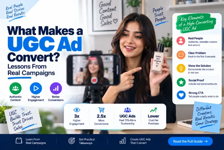 UGC ad guide cover: a creator filming a skincare product review on a phone, beside the key elements of a high-converting UGC ad including real people, a clear problem, showing the solution, social proof and a strong call to action