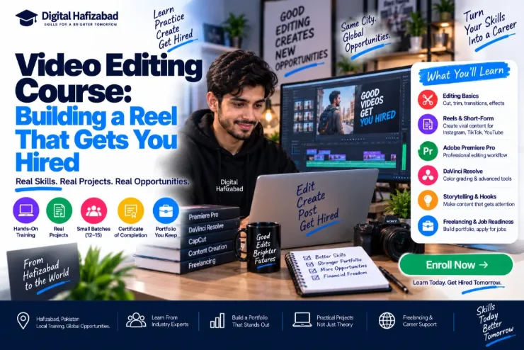 Video editing course cover: a student editing on a timeline with a curriculum covering editing basics, reels and short-form content, Adobe Premiere Pro, DaVinci Resolve, storytelling and hooks, and freelancing and job readiness