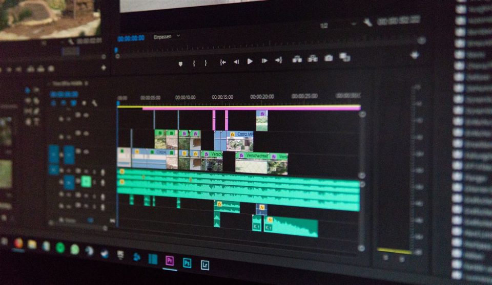 A Premiere Pro timeline with layered video, effects and audio tracks