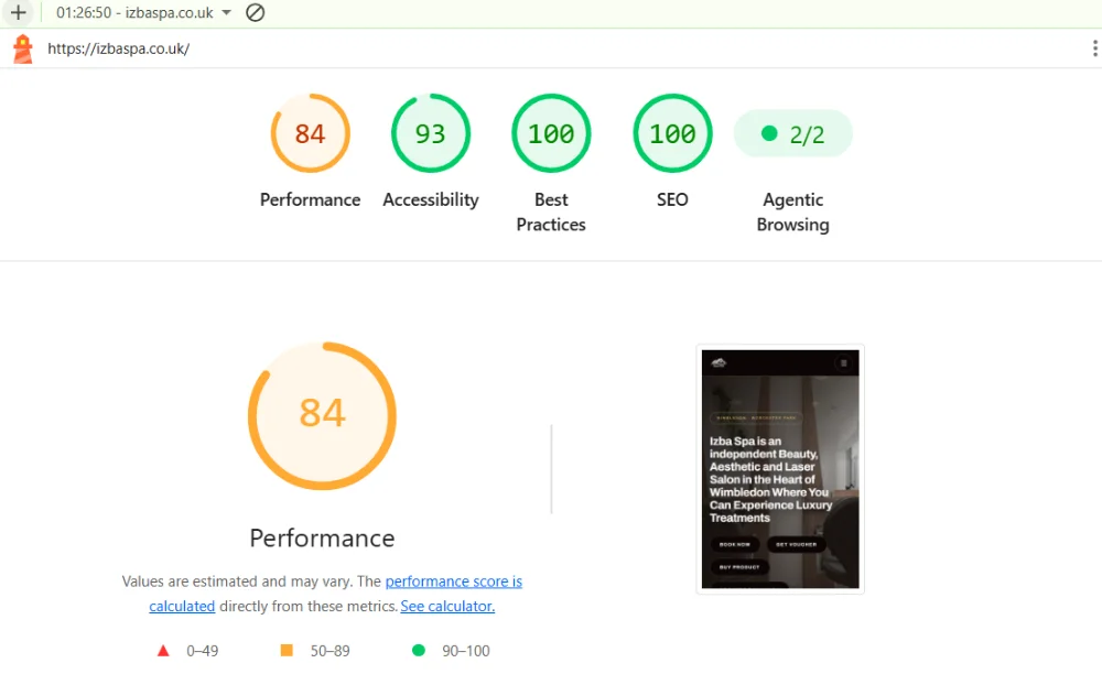 Lighthouse mobile report for Izba Spa: Performance 84, Accessibility 93, Best Practices 100, SEO 100