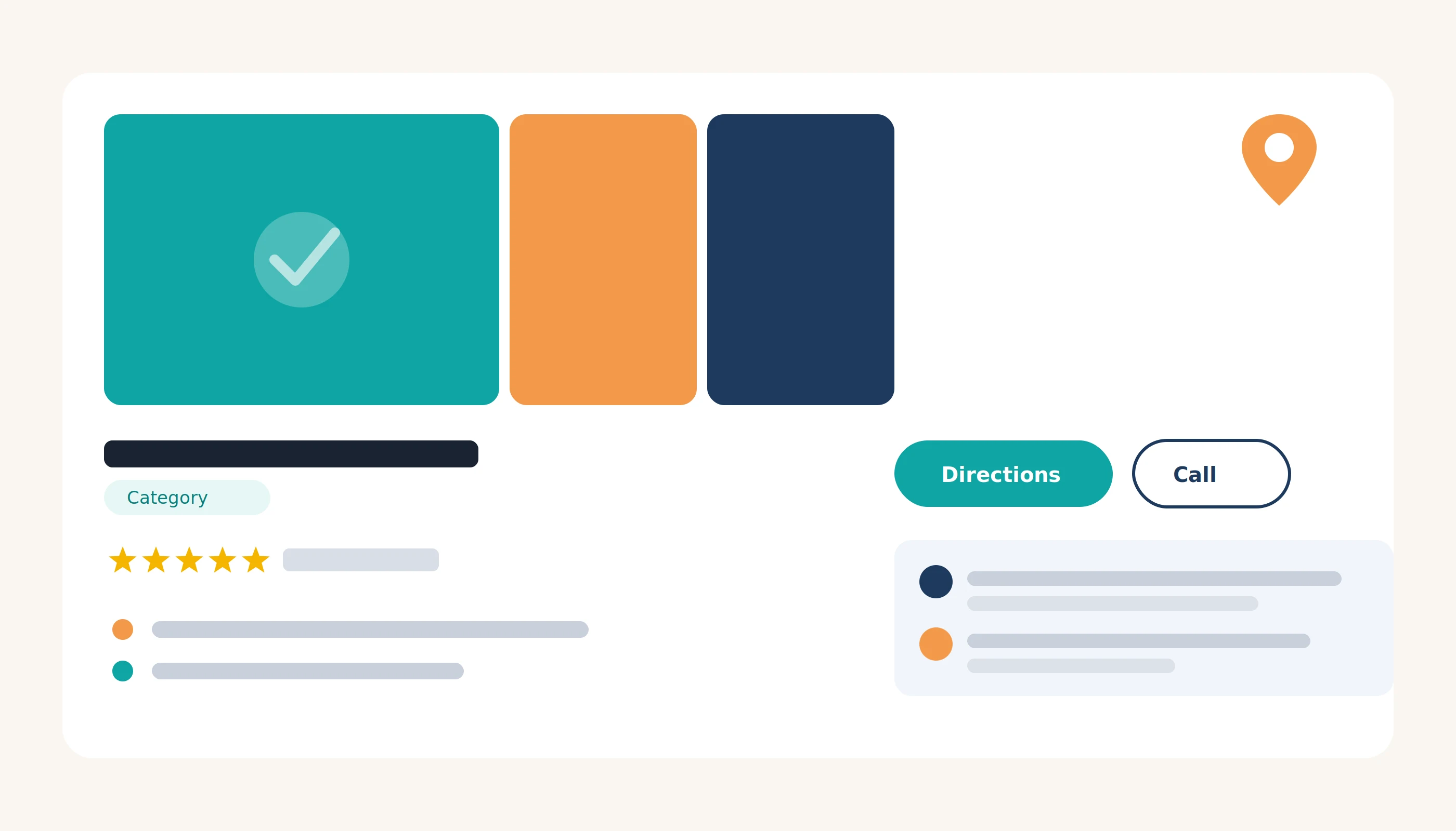 Illustration of a complete Google Business Profile listing card with photos, category, star rating, directions and call buttons