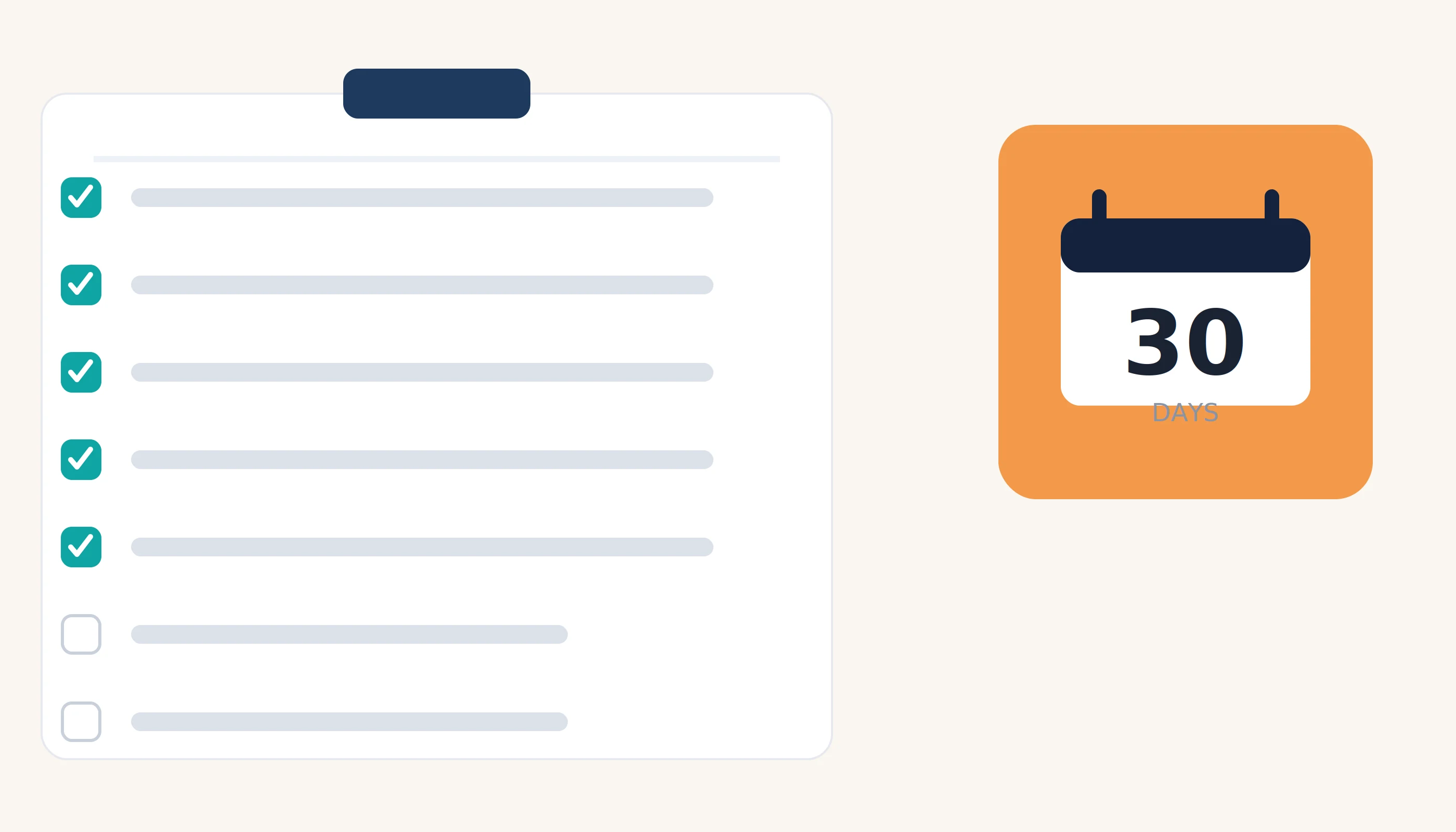 A checklist clipboard next to a calendar marked 30 days, representing a 30-day local SEO action plan